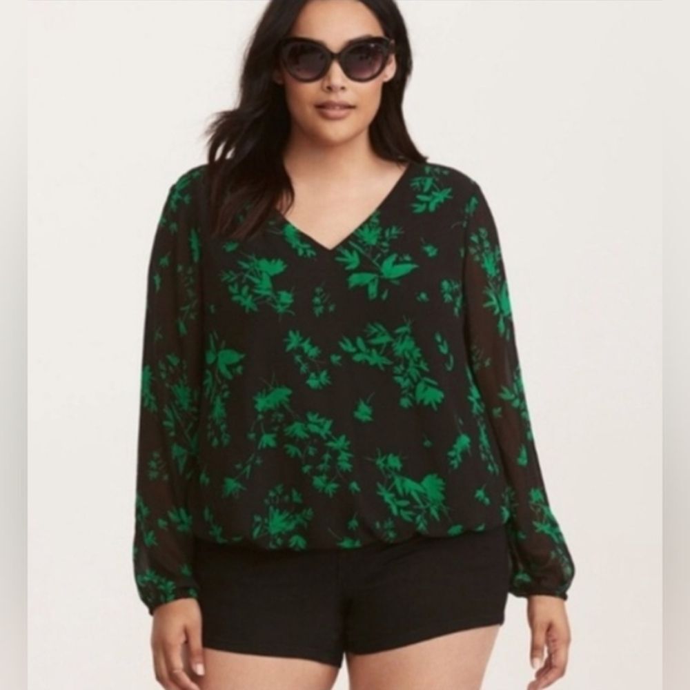 Torrid Black and Green Floral Blouse